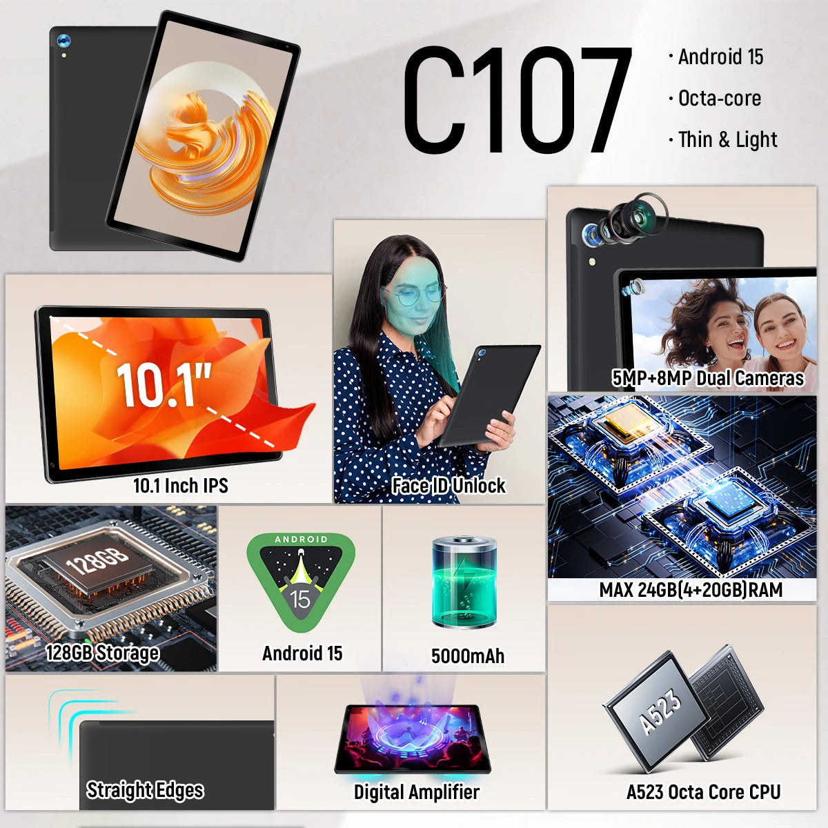 New C107 10.1 Inch IPS Tablet PC Android 15 Octa‑Core Processor 24(4+20)GB Expanded RAM 128GB Storage 1280*800 HD Display 5000mAh Battery 5MP+8MP Dual Cameras WiFi Tablet US Stock