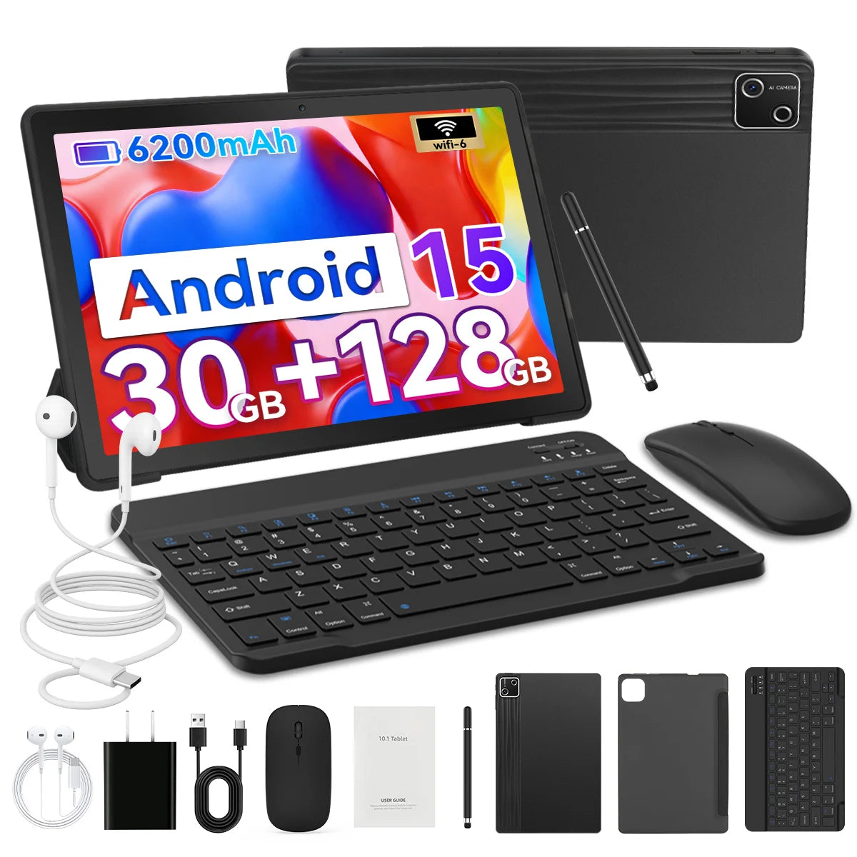 10.1 Inch Octa Core Tablet Bundle Android 15 Tablet 30GB(6+24) RAM 128GB ROM 1280*800 HD Screen 6200mAh Battery Keyboard Mouse Case Stylus Included Black Business Learning Tablet PC