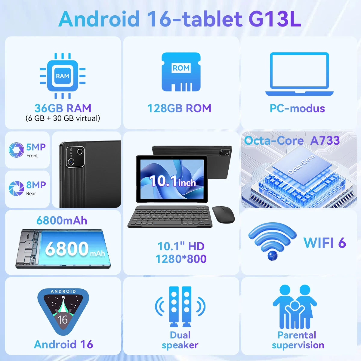 10.1 Inch Tablet PC G13L Octa‑Core A733 Android 16 36GB(6+30GB) RAM 128GB ROM 1280*800 HD 6800mAh WiFi6 With Keyboard Mouse Stylus Earphone Case US Local Warehouse