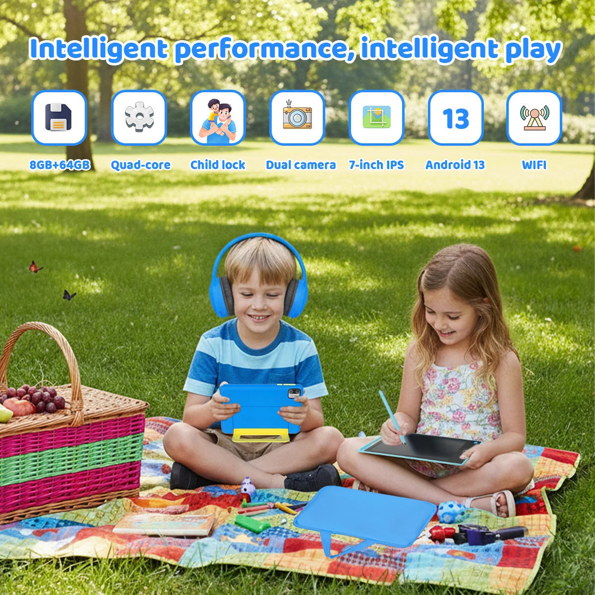 2026 NEW Bundle Kit 7 Inch Android 13 Kids Tablet Quad‑Core 8GB(2GB+6GB Expand RAM) 64GB EMMC With Headphone Storage Bag US Local Warehouse