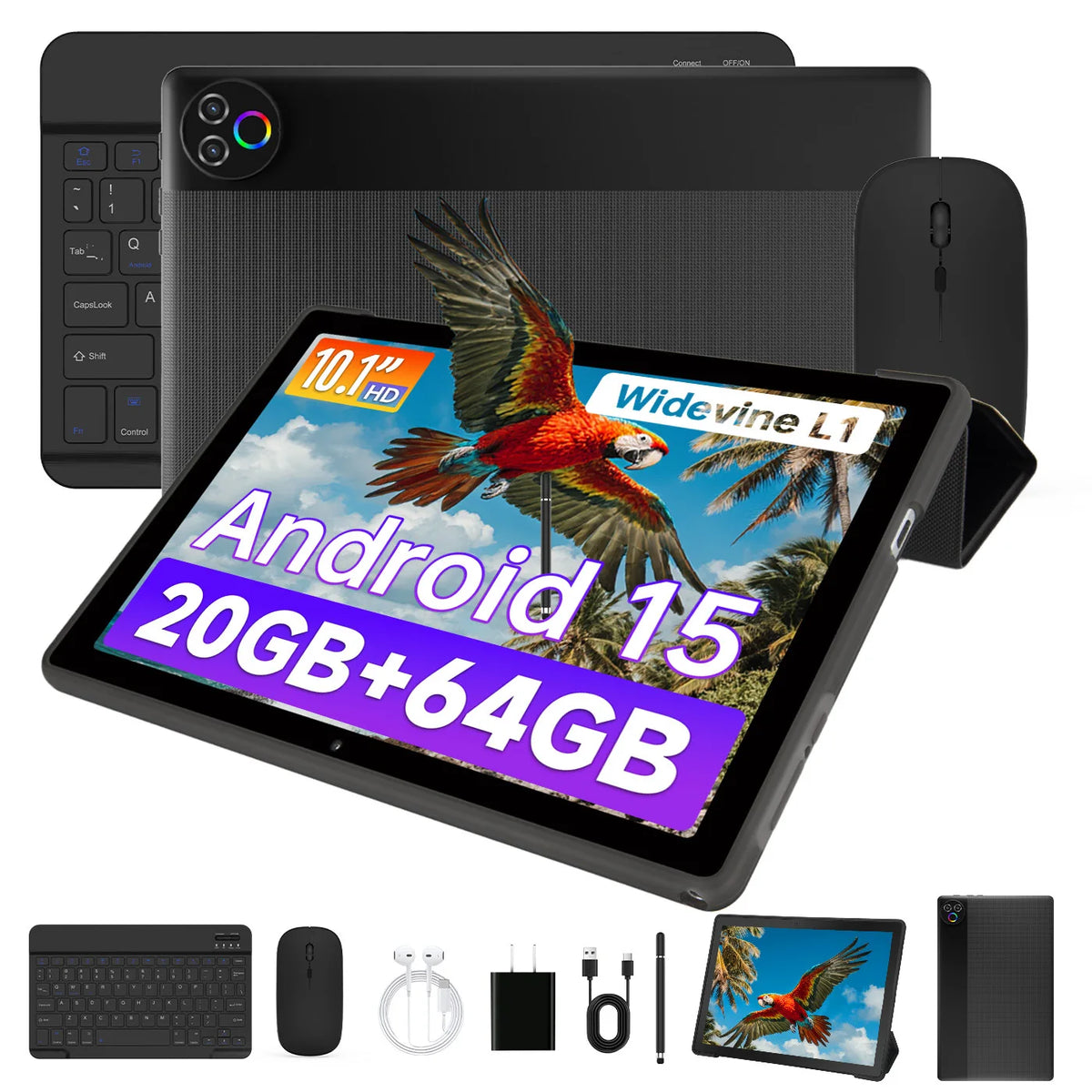 New KB1001L 10.1" IPS Tablet Bundle Android 15 Five‑Core Processor 20(3+17)GB Expanded RAM 64GB Storage Keyboard Mouse Stylus Cover Headphones WiFi‑6 Widevine L1 5000mAh 20W Fast Charge Tablet US Stock