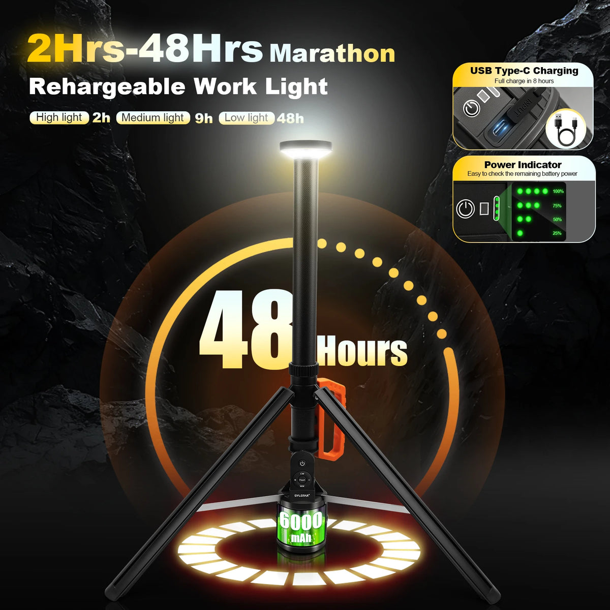 360° Rechargeable Work Light Remote Control 8.4Ft Max Height 3000LM Ultra Bright 3CCT Dimmable Telescopic Camping Lights