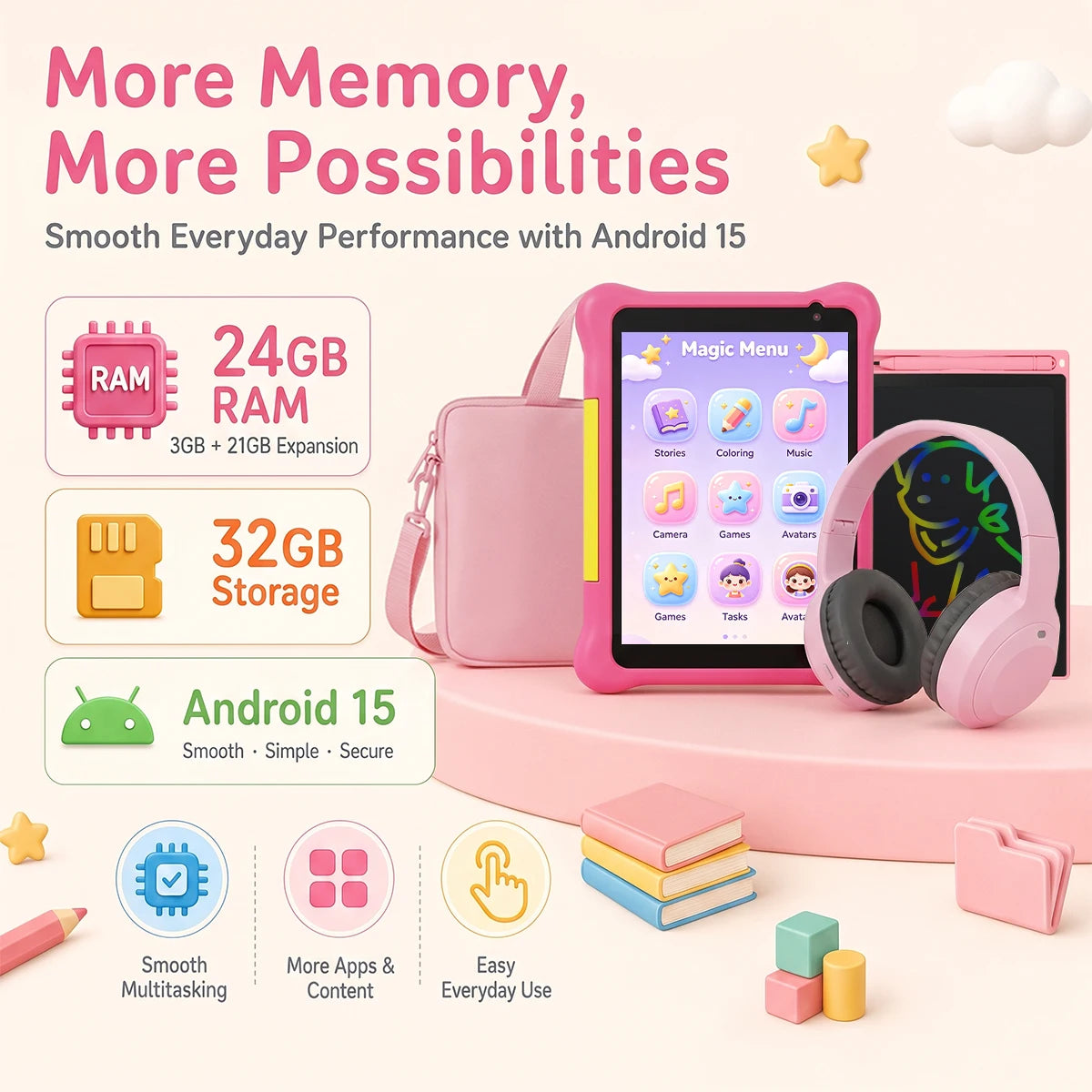 BUFO Kids Android Learning Tablet With Dual Cameras And Accessories