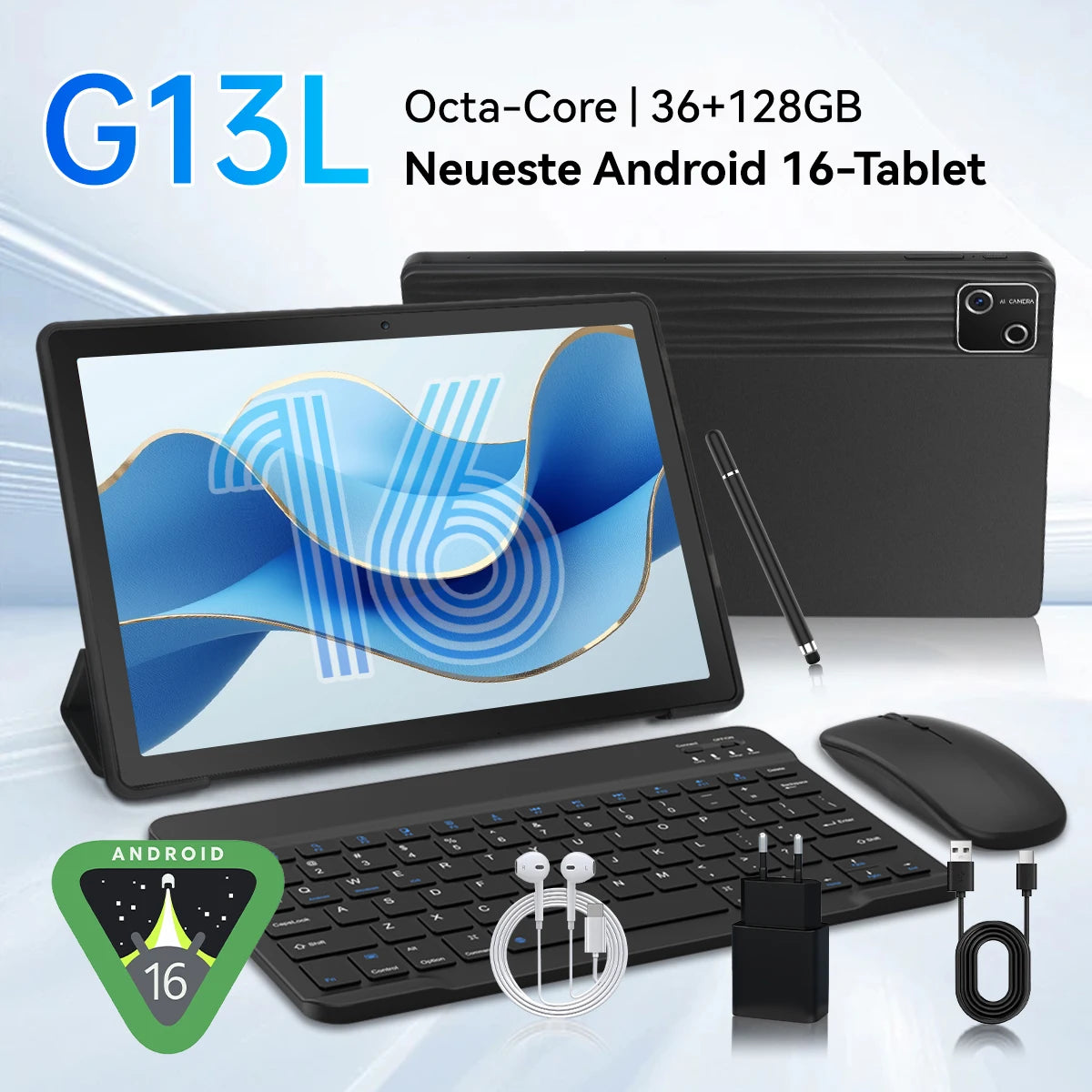 10.1 Inch Tablet PC G13L Octa‑Core A733 Android 16 36GB(6+30GB) RAM 128GB ROM 1280*800 HD 6800mAh WiFi6 With Keyboard Mouse Stylus Earphone Case US Local Warehouse
