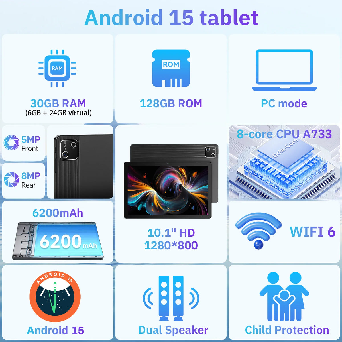 10.1 Inch Octa Core Tablet Bundle Android 15 Tablet 30GB(6+24) RAM 128GB ROM 1280*800 HD Screen 6200mAh Battery Keyboard Mouse Case Stylus Included Black Business Learning Tablet PC
