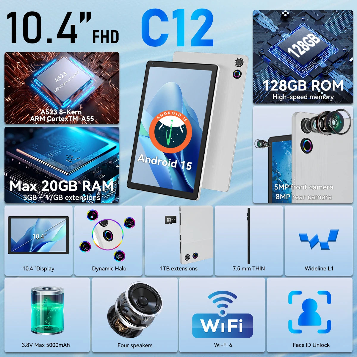 10.4 Inch Tablet PC C12 Octa‑Core A523 Android 15 20GB(3+17GB) RAM 64GB ROM Widevine L1 5000mAh Dual Camera OTG WiFi BT5.4 US Local Warehouse