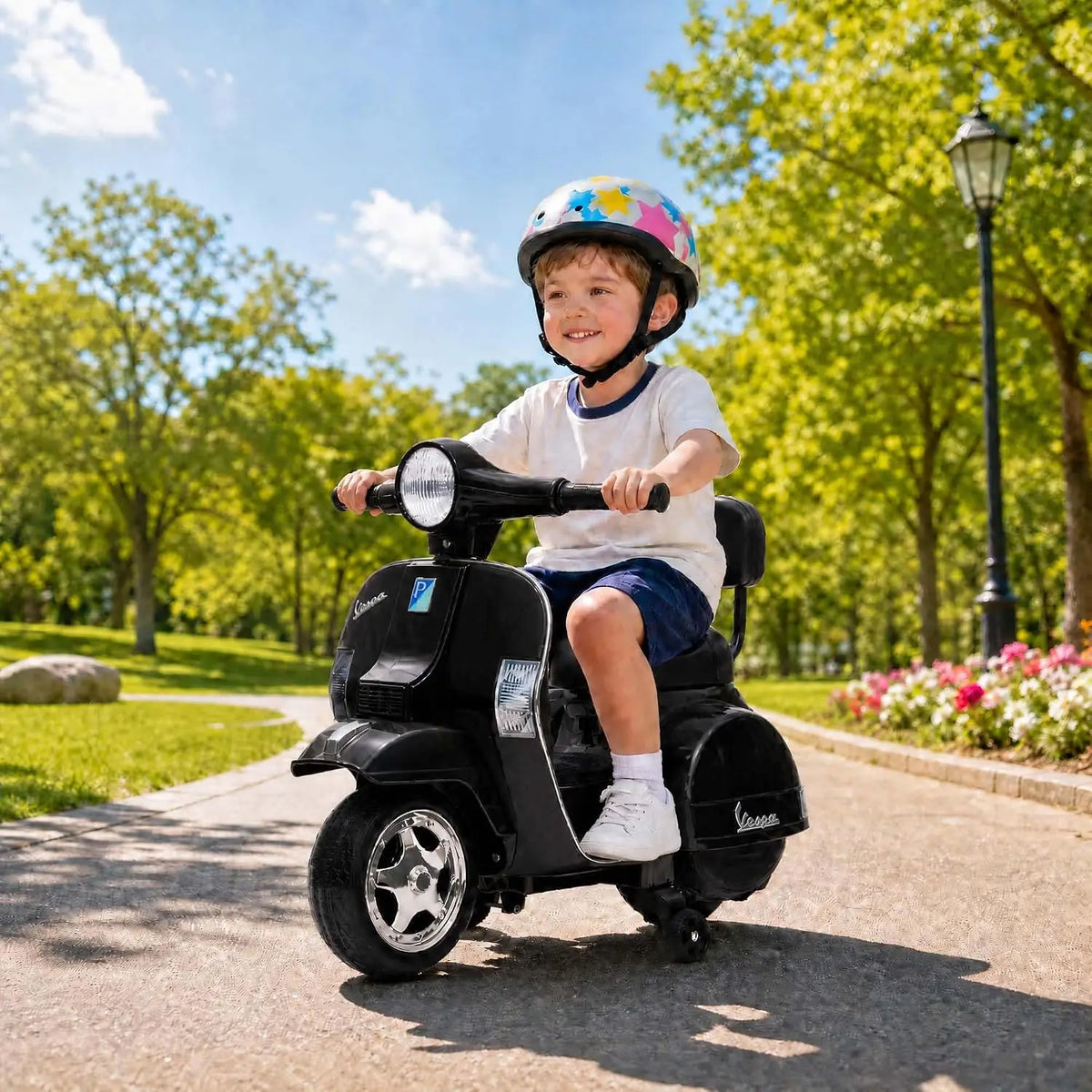 6V Kids Licensed Vespa PX150 Ride‑On Scooter, 25W Single Motor Electric Toy, 4.5AH Battery & Charger, No Remote, US Full‑Environment‑Friendly Standard, Multi‑Color Optional Children Outdoor Gift