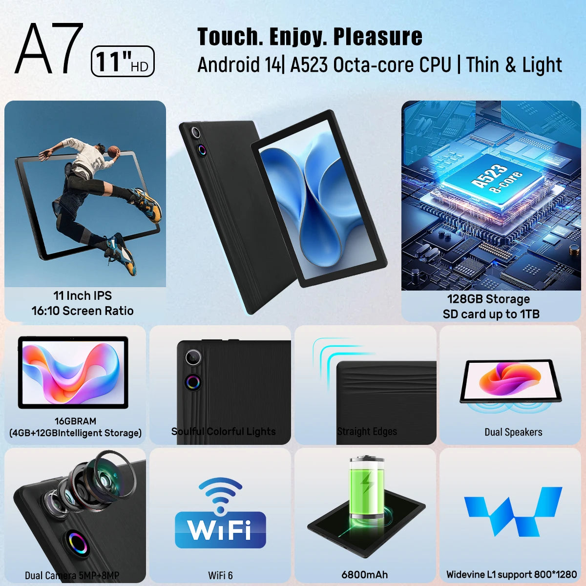 A7 Octa Core Tablet PC 10.95 Inch HD Screen Android 14 Tablet 16GB(4+12) RAM 128GB Storage Expandable 1TB TF Card 6800mAh Battery 5MP+8MP Camera Business Entertainment Tablet Black White