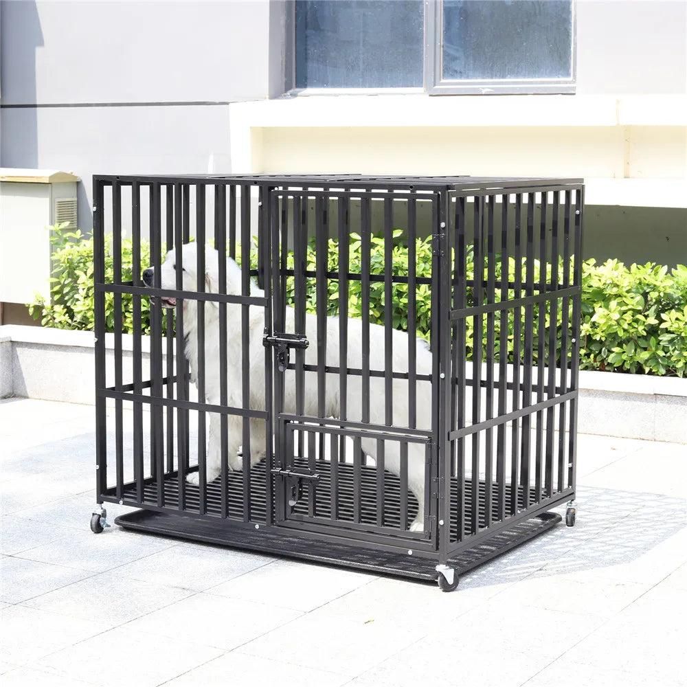 BINGOPAW Rolling Heavy Metal Dog Crate Kennel With Tray