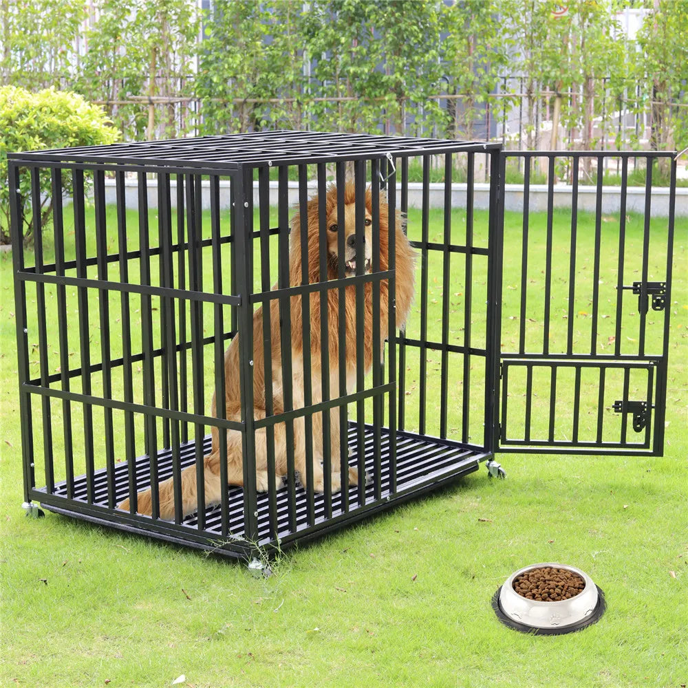 BINGOPAW Rolling Heavy Metal Dog Crate Kennel With Tray