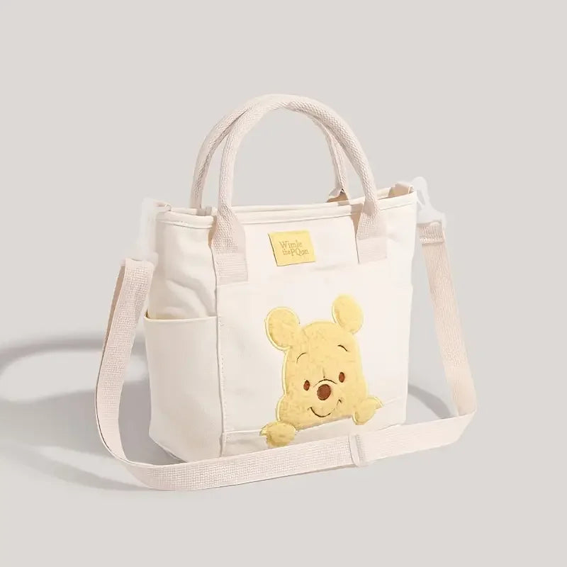 Mesuca Cartoon Bear Canvas Tote Bag With Detachable Crossbody Strap