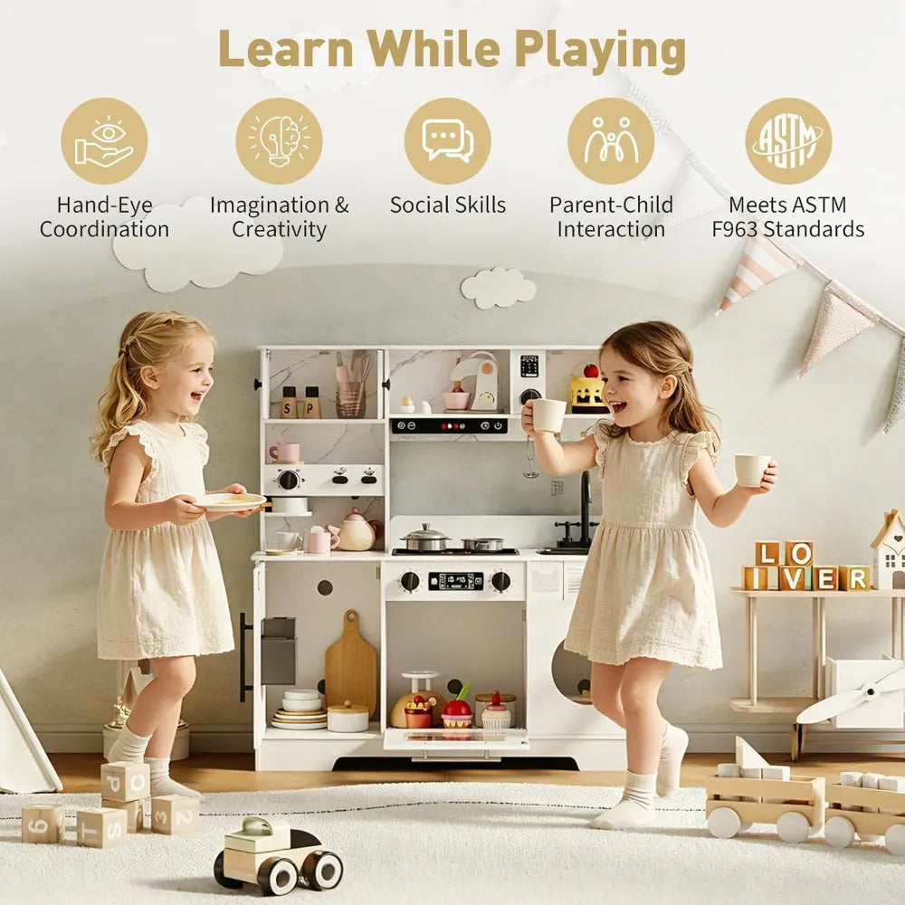 8-in-1 Wooden Play Kitchen Set For Kids gift With Lights Sounds, Ice Maker, Coffee Machine, Washer, 11 Accessories & Storage, Ages 3+