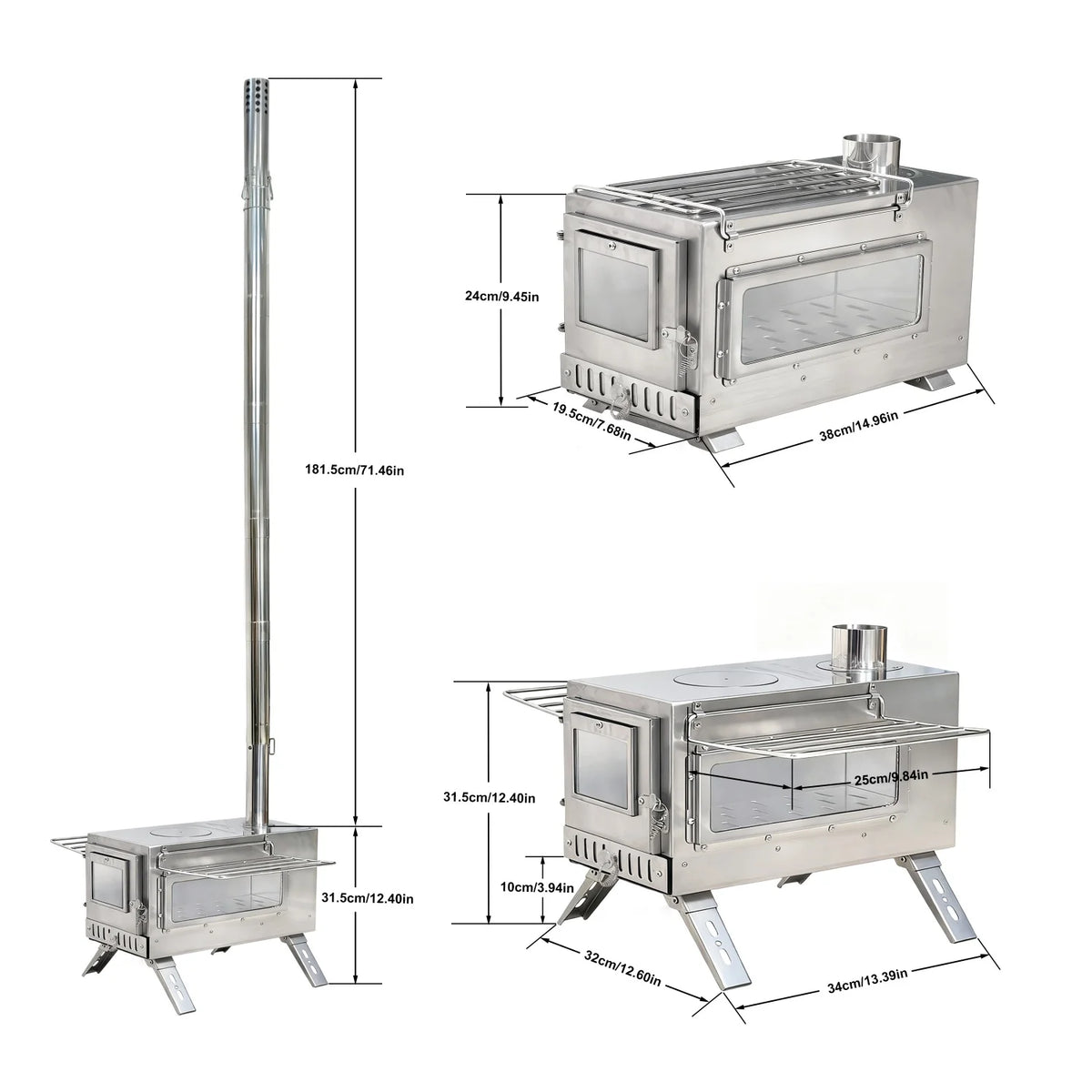 Portable Stainless Steel Stove with 7 Chimney Pipes for Camping
