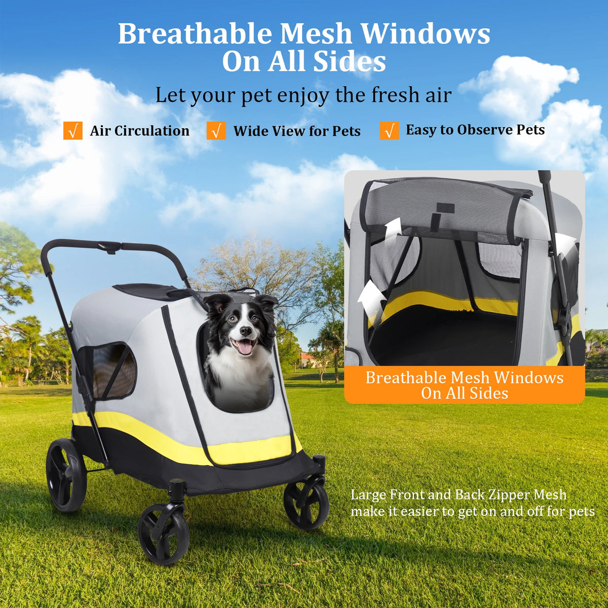 Four Wheeled Foldable Pet Stroller With Breathable Mesh Panels