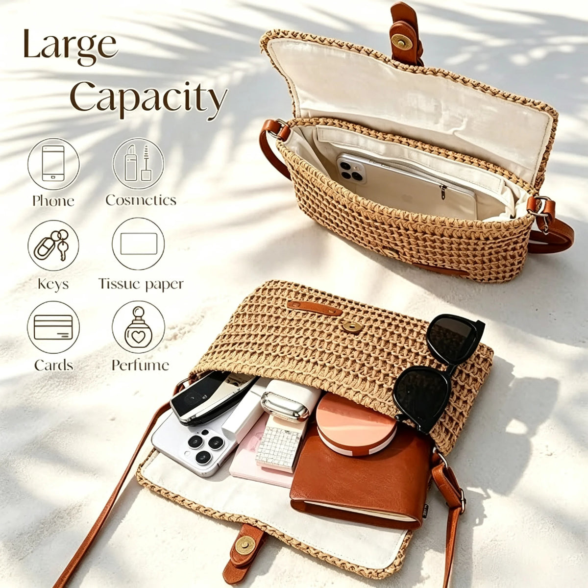Womens Woven Straw Crossbody Bag With Flap Buckle Closure