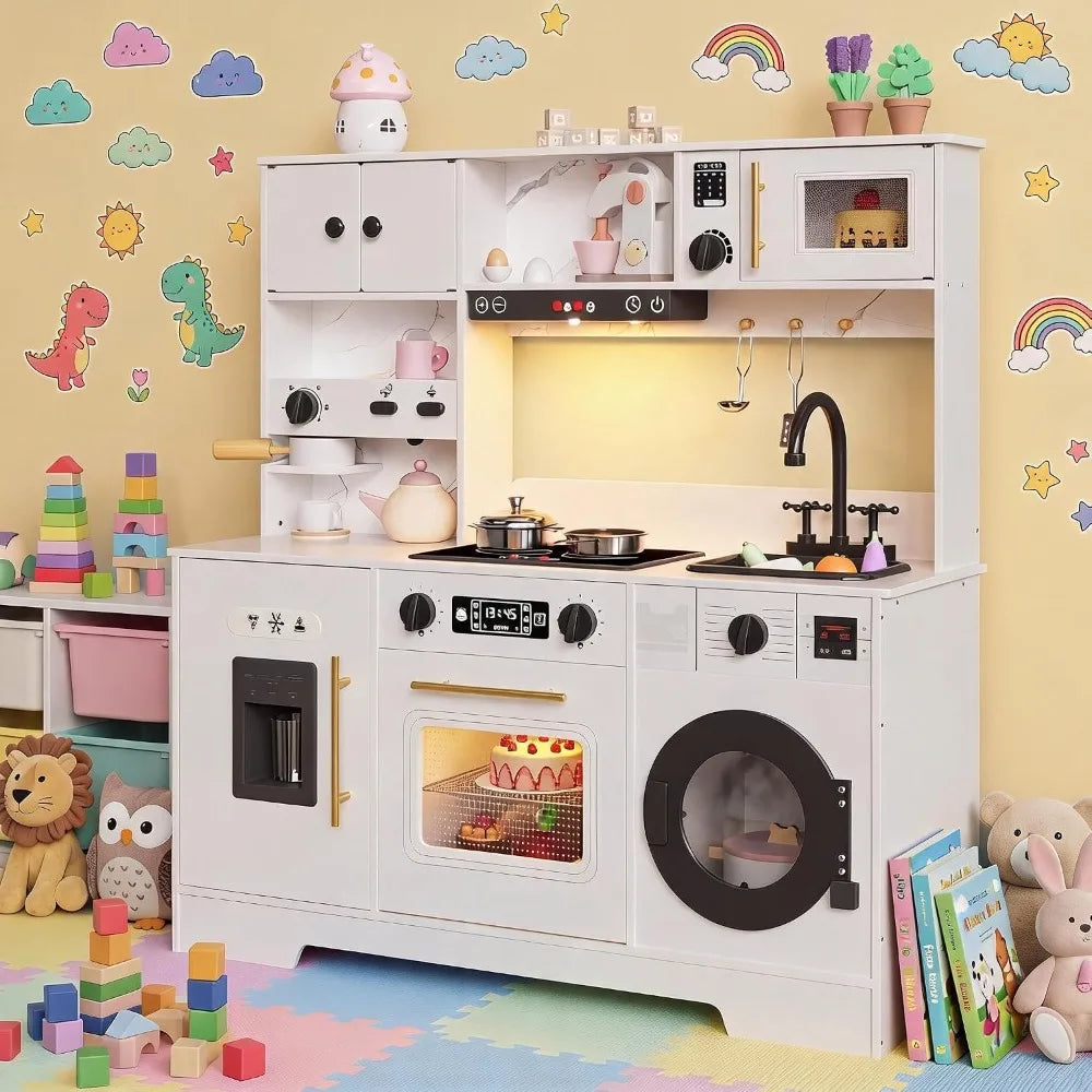8-in-1 Wooden Play Kitchen Set For Kids gift With Lights Sounds, Ice Maker, Coffee Machine, Washer, 11 Accessories & Storage, Ages 3+