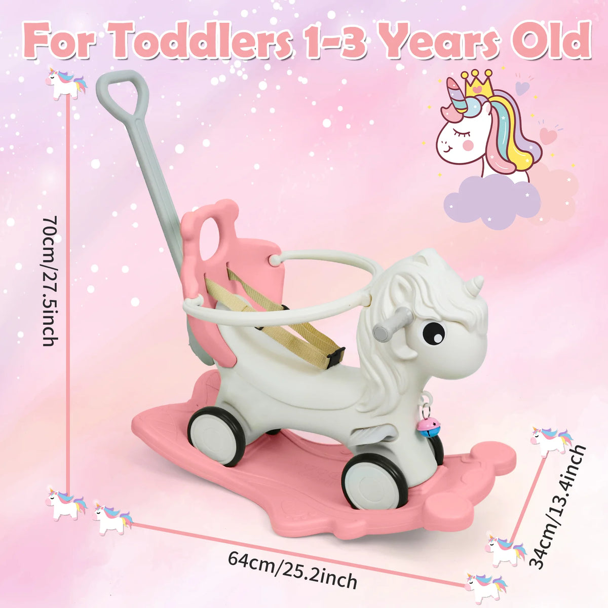 2 in 1 Toddler Rocking Horse, Unicorn Kids Ride On Toy with Safety Guardrail, Seat Belt & Wheels, Indoor Outdoor Play Gift for Boys Girls Ages 1-3