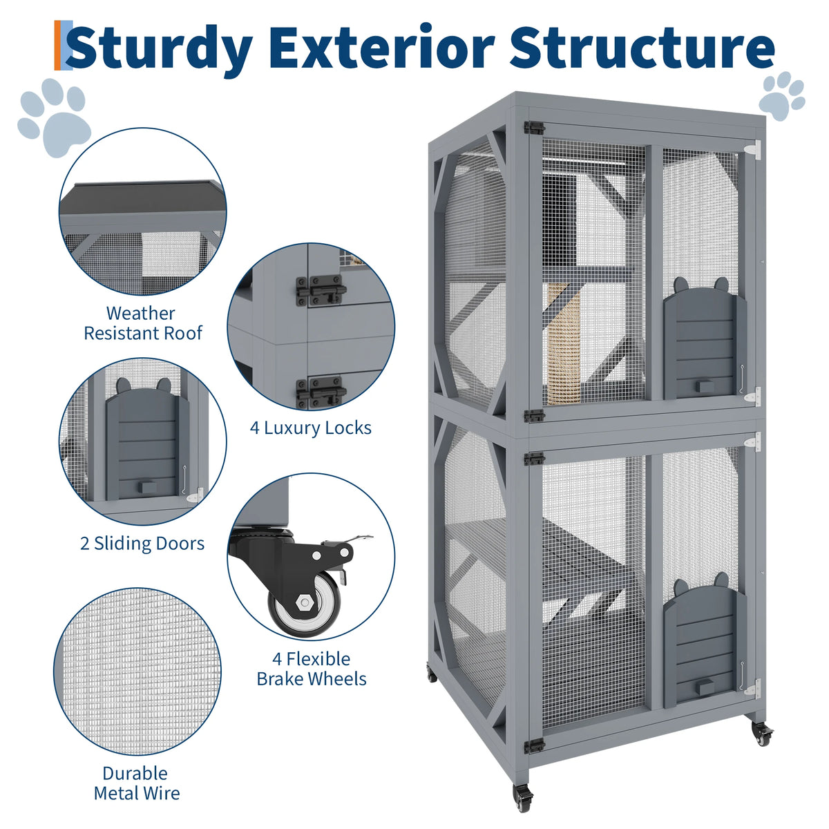 Portable Outdoor Cat Enclosure With Weatherproof Roof Lockable Wheels Catio