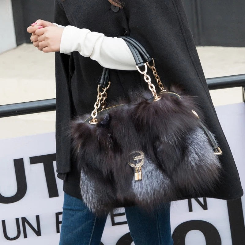 Premium Womens Real Fur Tote Bag Versatile Shoulder Underarm Handbag