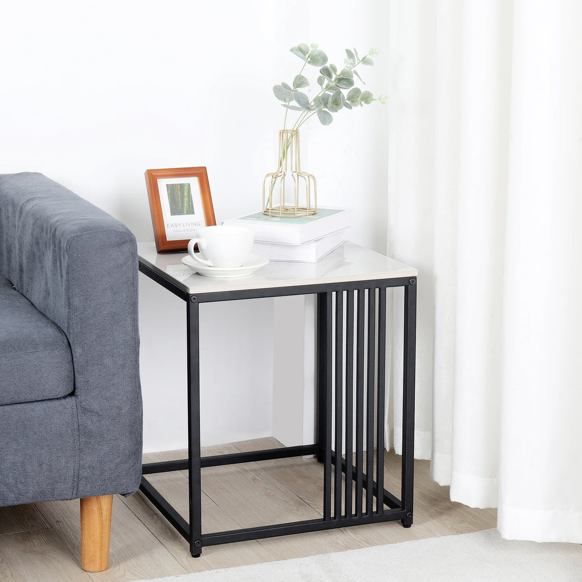 Modern Square Side Table With Metal Frame And Marble Top