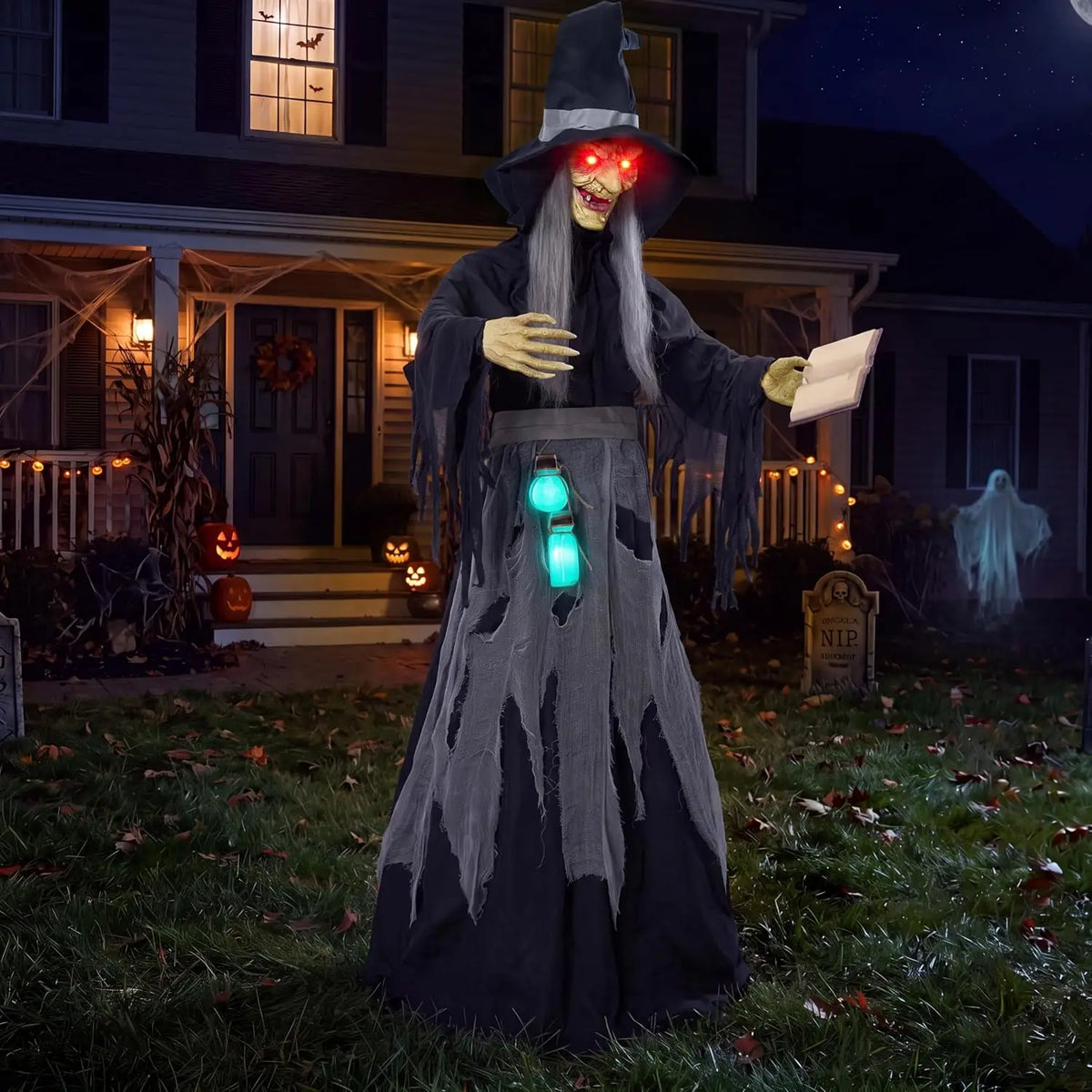 72" Halloween Decorations Outdoor Life-Size Scary Animated Witch with Spellbook, Halloween Animatronic Witch Decor with Sound Activation, Scary Haunted House Props for Garden Yard Lawn