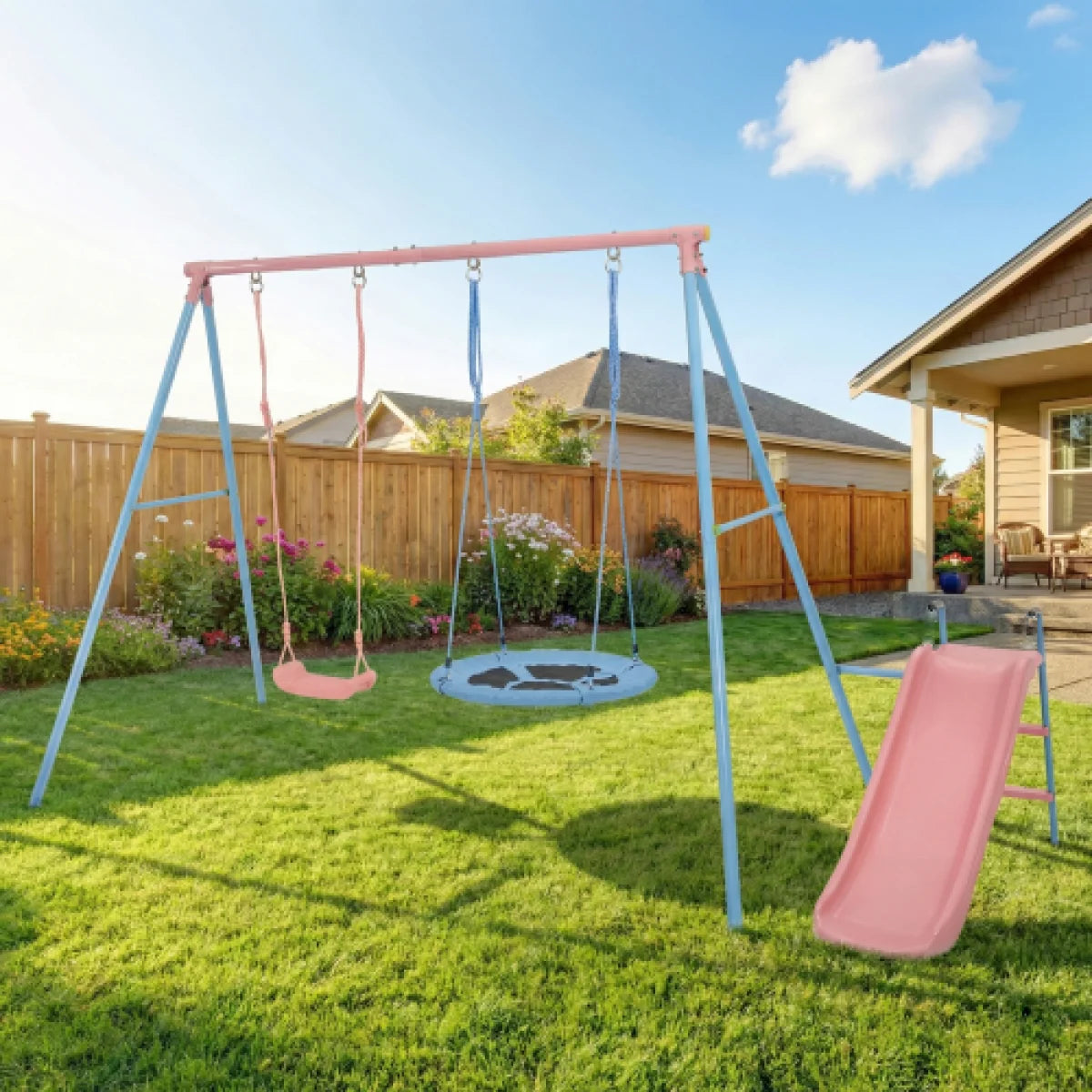 Kids Outdoor Double Swing Set With Slide For Playgrounds