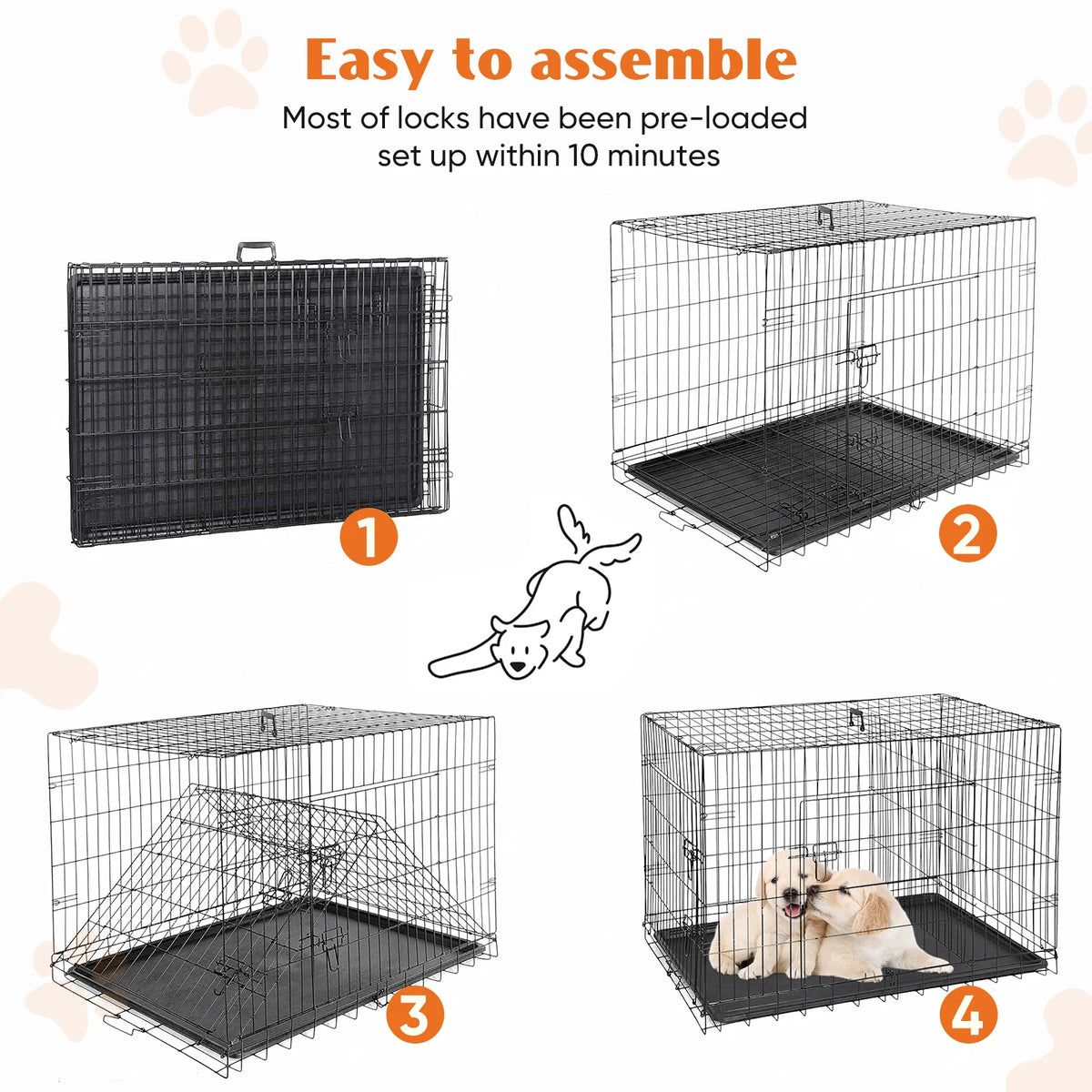 JHK Double Door Folding Metal Dog Cage With Secure Tray