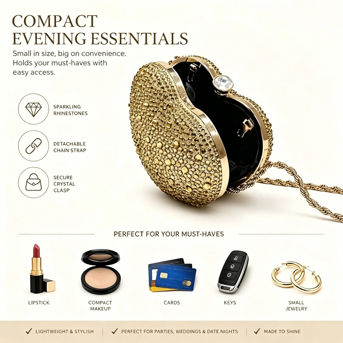 Rhinestone Heart Evening Clutch Bag With Chain Strap