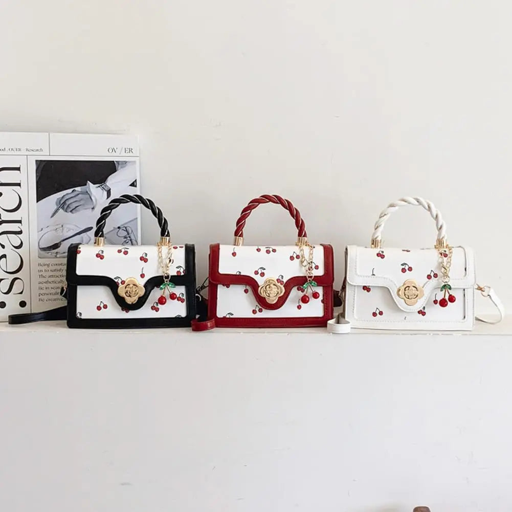 Women Cherry Print Crossbody Bag With Twist Handle Lock