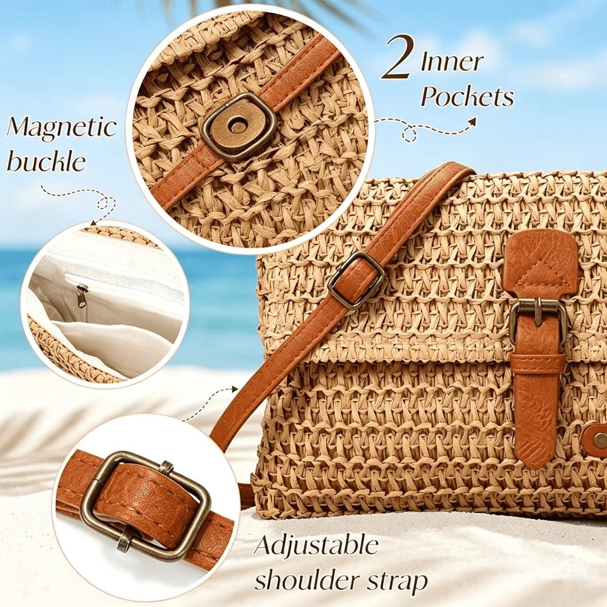 Womens Woven Straw Crossbody Bag With Flap Buckle Closure