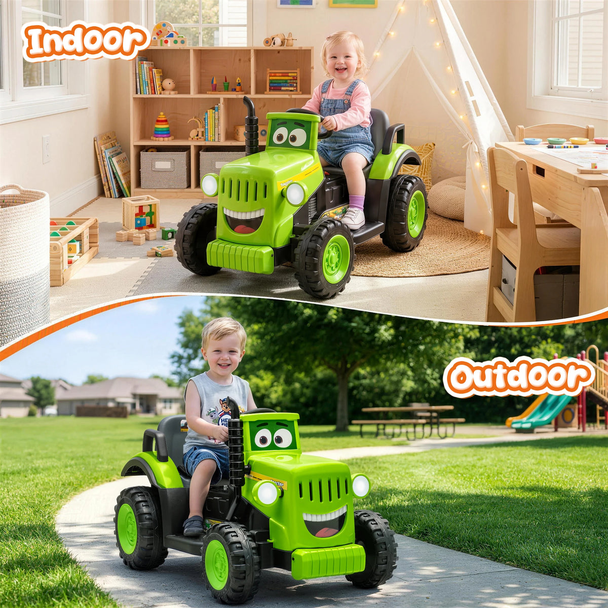 12 Volt Ride on Toys, Cute Ride On Tractor for Toddlers, Power Car Wheels with LED Lights, Music, Horn, Safety Belt