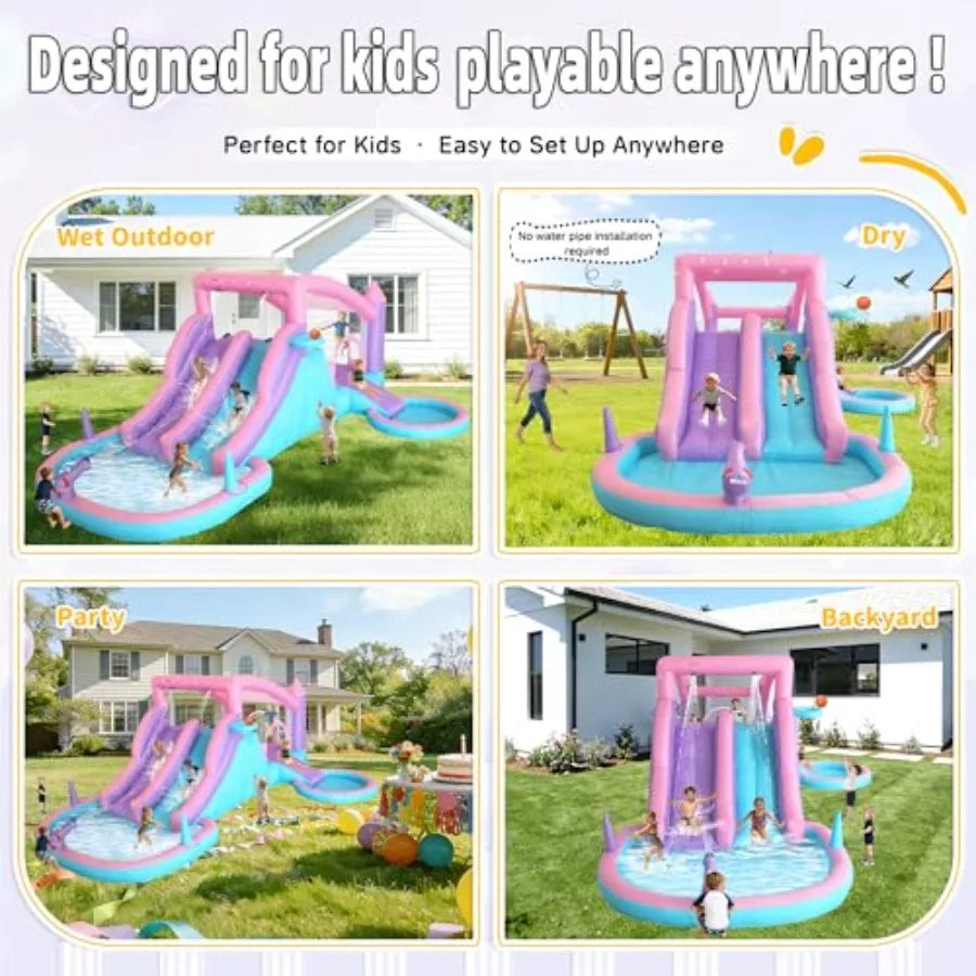 Backyard water park for kids ages 3-8: inflatable bounce house with 3 slides, splash pool, water cannon, ball pit, basketball h