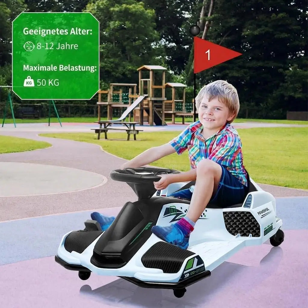 24V Kids Electric Drift Go Kart Ride-On - 180W Brushless Motor, 7Ah Battery, High/Low Adjustable Speed, 5 Wheels, LED Lights, Music, Low Battery Alarm
