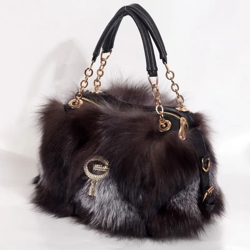 Premium Womens Real Fur Tote Bag Versatile Shoulder Underarm Handbag