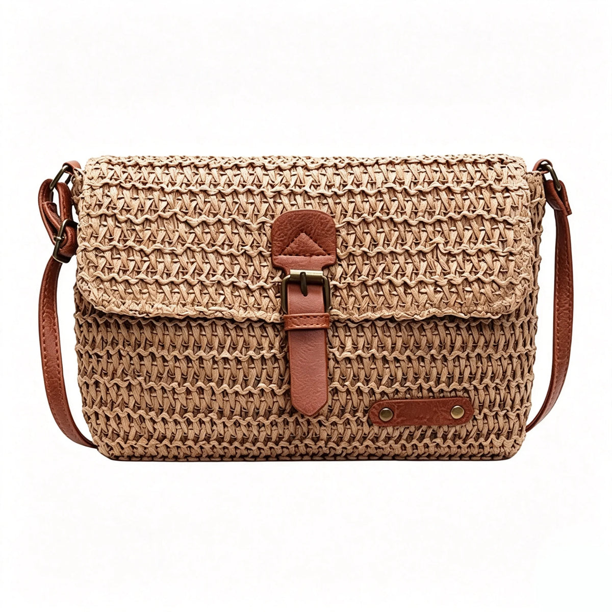 Womens Woven Straw Crossbody Bag With Flap Buckle Closure