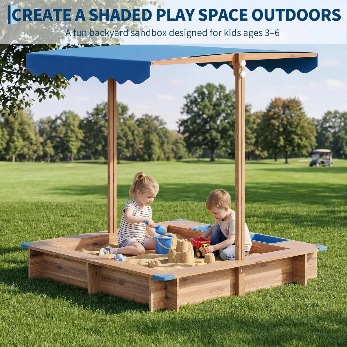 Children Outdoor Sand Pit Kids Playground Wooden Sandbox for Preschool Kindergarten Outdoor Garden Backyard Sand Play Area 2 Storage Bins, Corner Guards, Ages 3–6