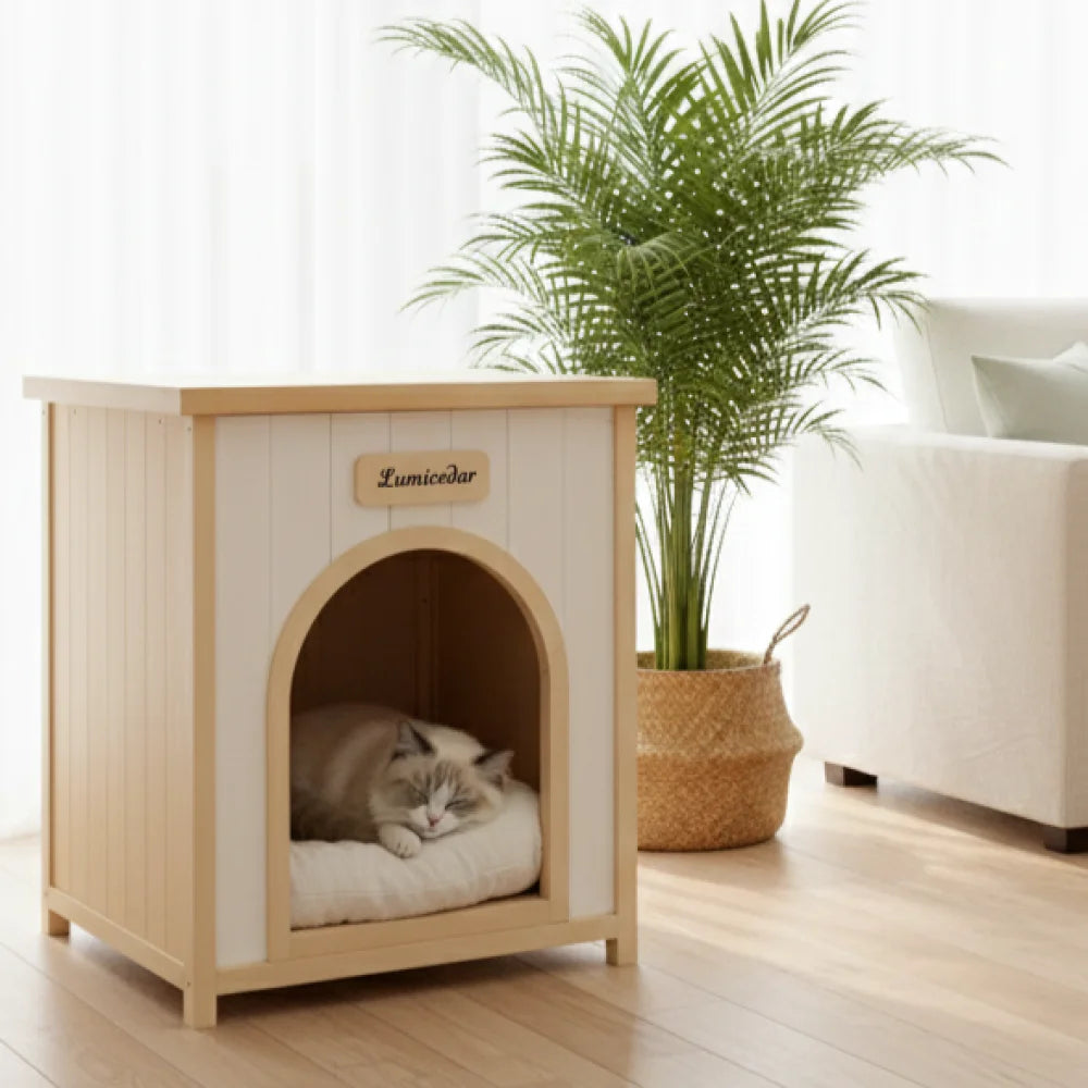 Modern Indoor Solid Cedar Wooden Dog House with Removable Cushion