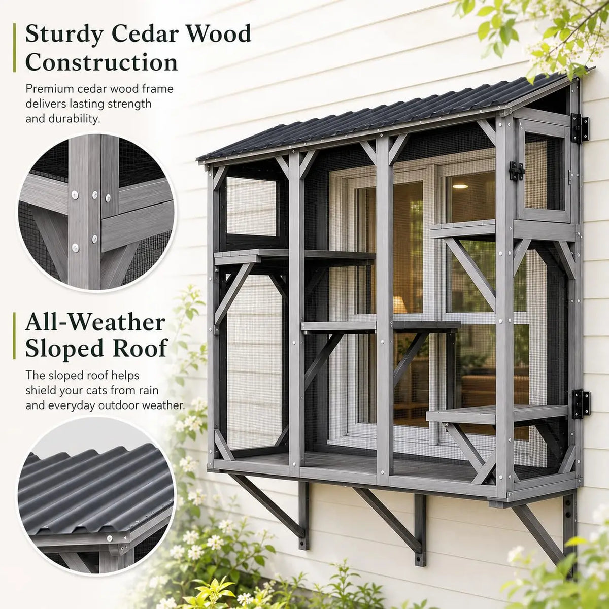 HiMISS Wooden Window Cat Enclosure With Durable Steel Mesh Roof