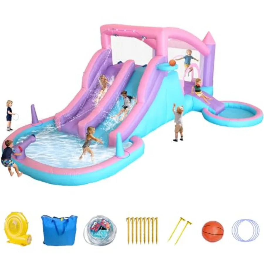 Backyard water park for kids ages 3-8: inflatable bounce house with 3 slides, splash pool, water cannon, ball pit, basketball h