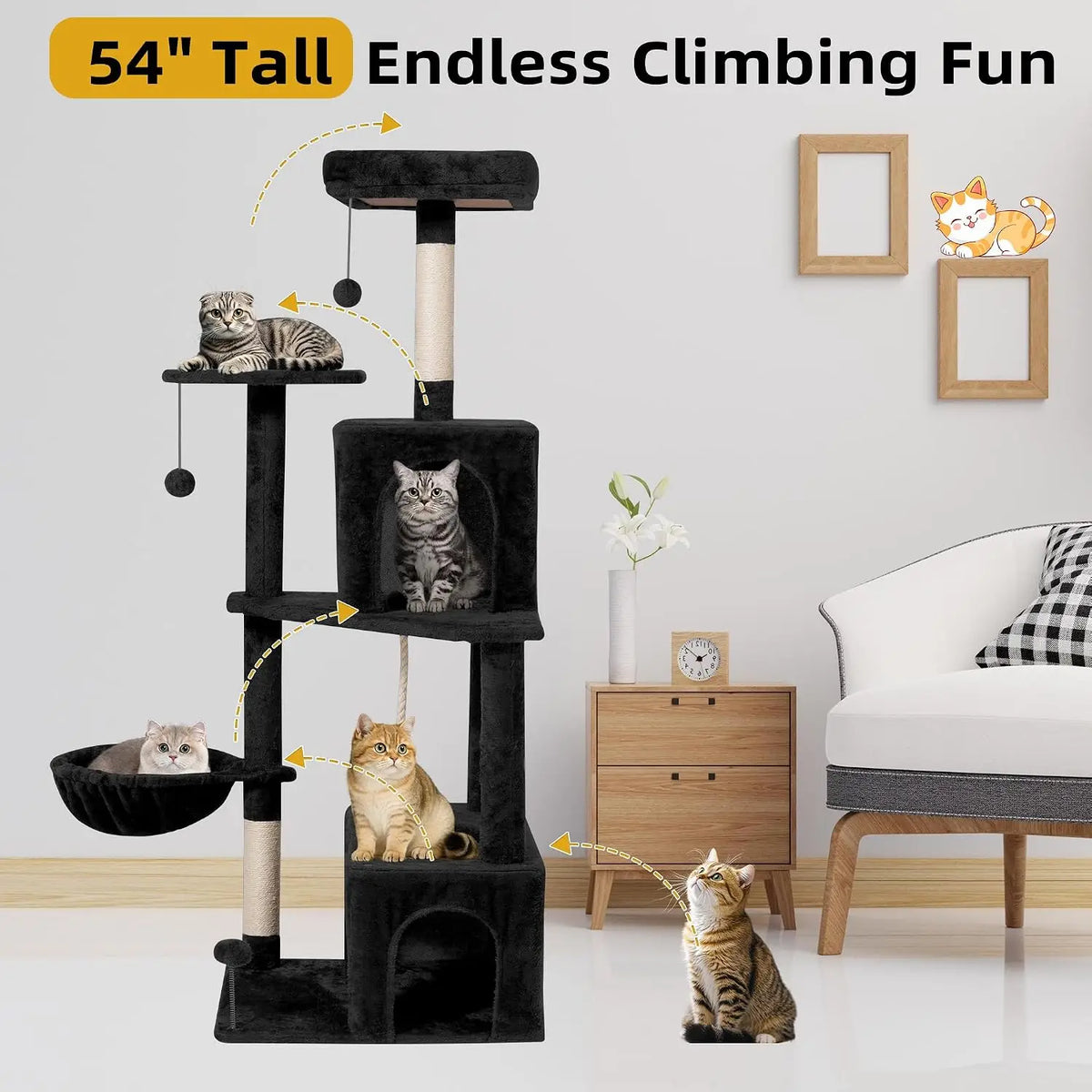 Multi Level Plush Cat Condo With Scratching Posts And Basket