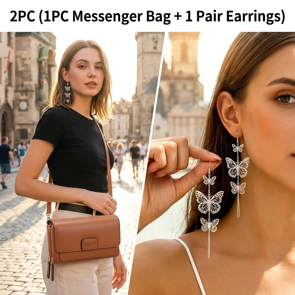 Elegant Women Crossbody Bag With Butterfly Drop Earrings