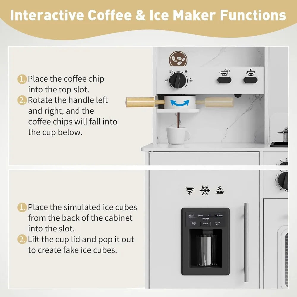 8-in-1 Wooden Play Kitchen Set For Kids gift With Lights Sounds, Ice Maker, Coffee Machine, Washer, 11 Accessories & Storage, Ages 3+