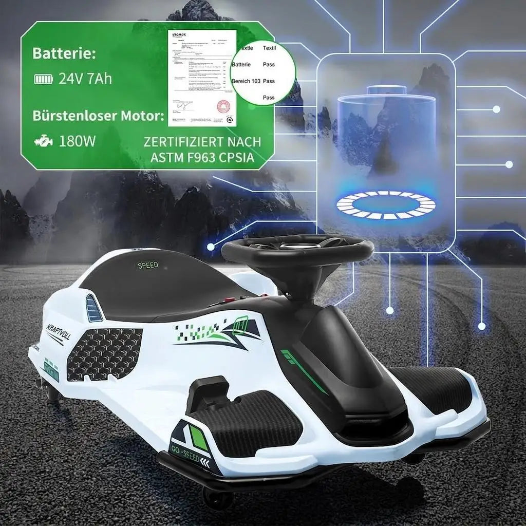 24V Kids Electric Drift Go Kart Ride-On - 180W Brushless Motor, 7Ah Battery, High/Low Adjustable Speed, 5 Wheels, LED Lights, Music, Low Battery Alarm