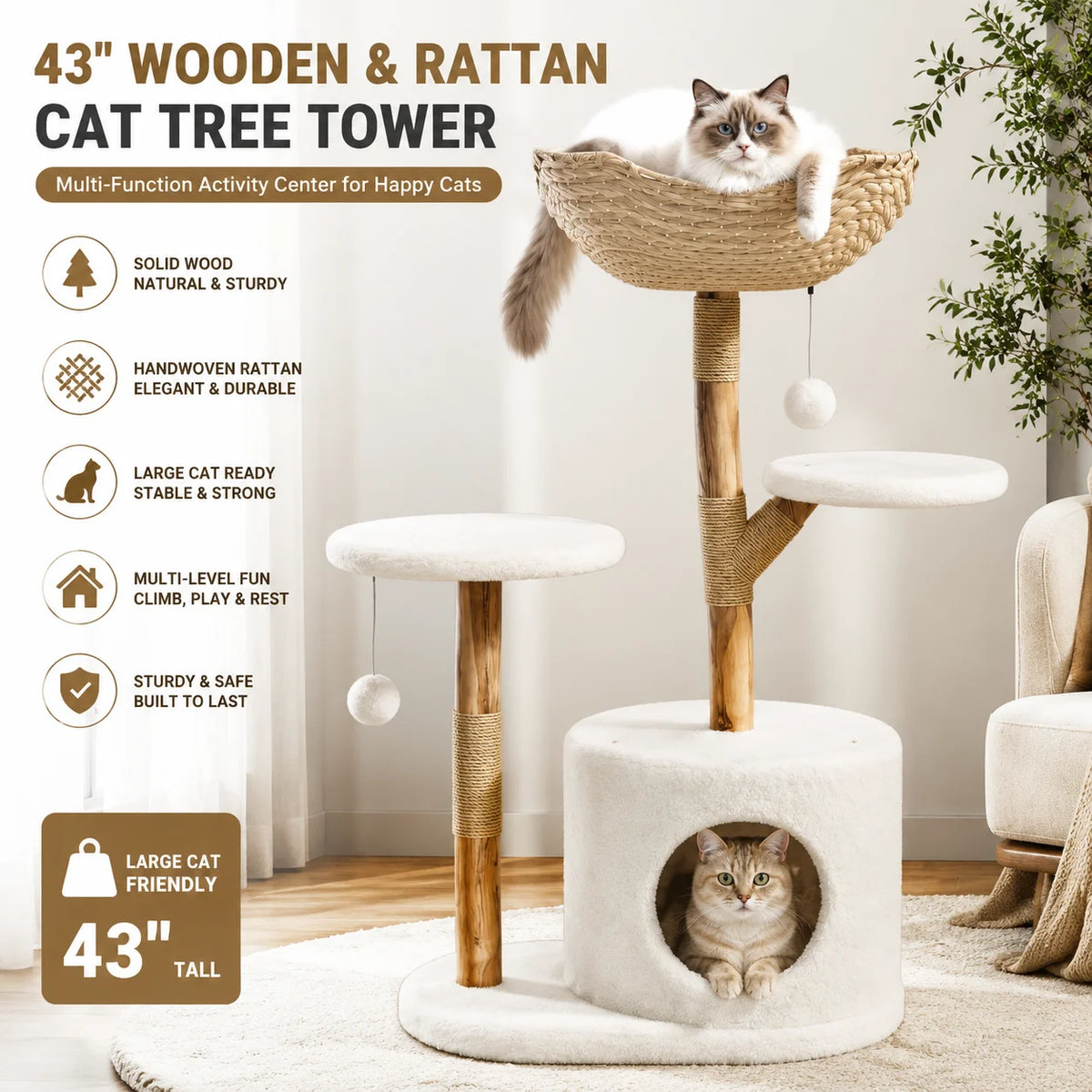 Indoor Wooden Cat Tree With Rattan Perches And Elevated Platforms