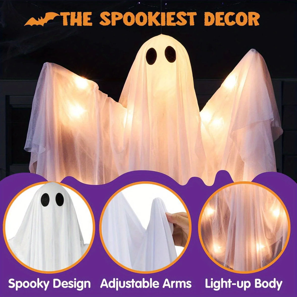 47 inch Halloween Decorations Outdoor Hanging Ghost Light up White Ghosts with Spooky Warm White LED Light, Halloween Outdoor Yard Porch Decorations, Haunted House Decorations
