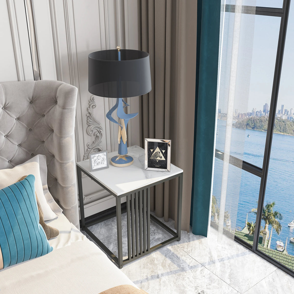 Modern Square Side Table With Metal Frame And Marble Top