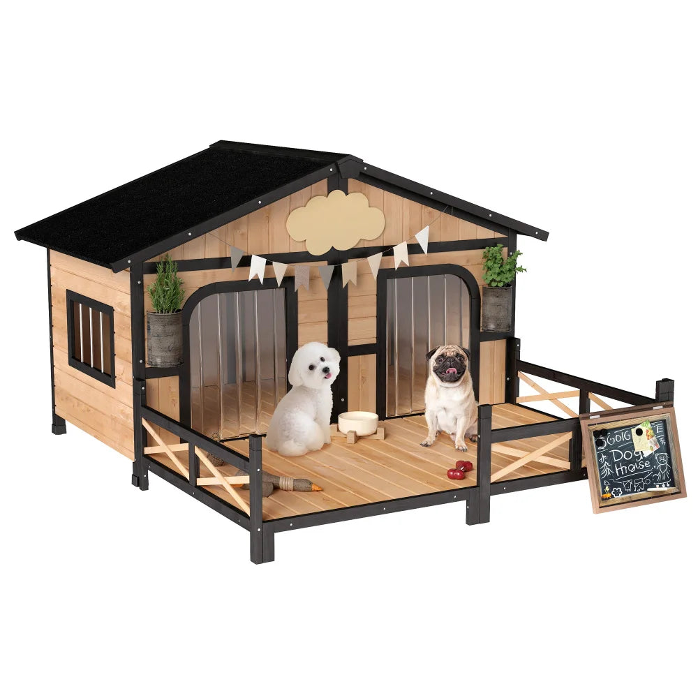 Elevated Wooden Dog House With Weatherproof Porch And Openable Roof