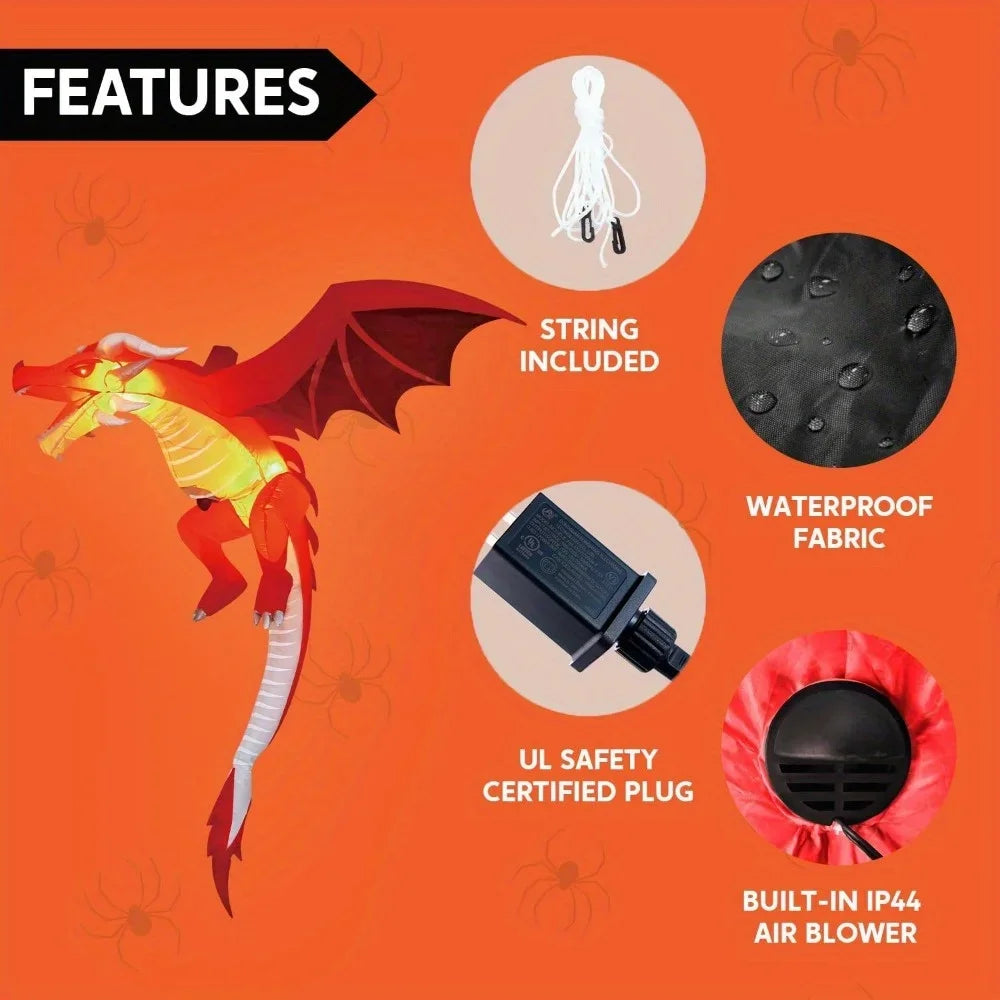5 FT Tall Hanging Fire Dragon Halloween Inflatable Decor with Build-in LEDs Inflatable Blow Up Flying Dragon with Light for Halloween Party Indoor Outdoor Yard Garden Lawn Decorations