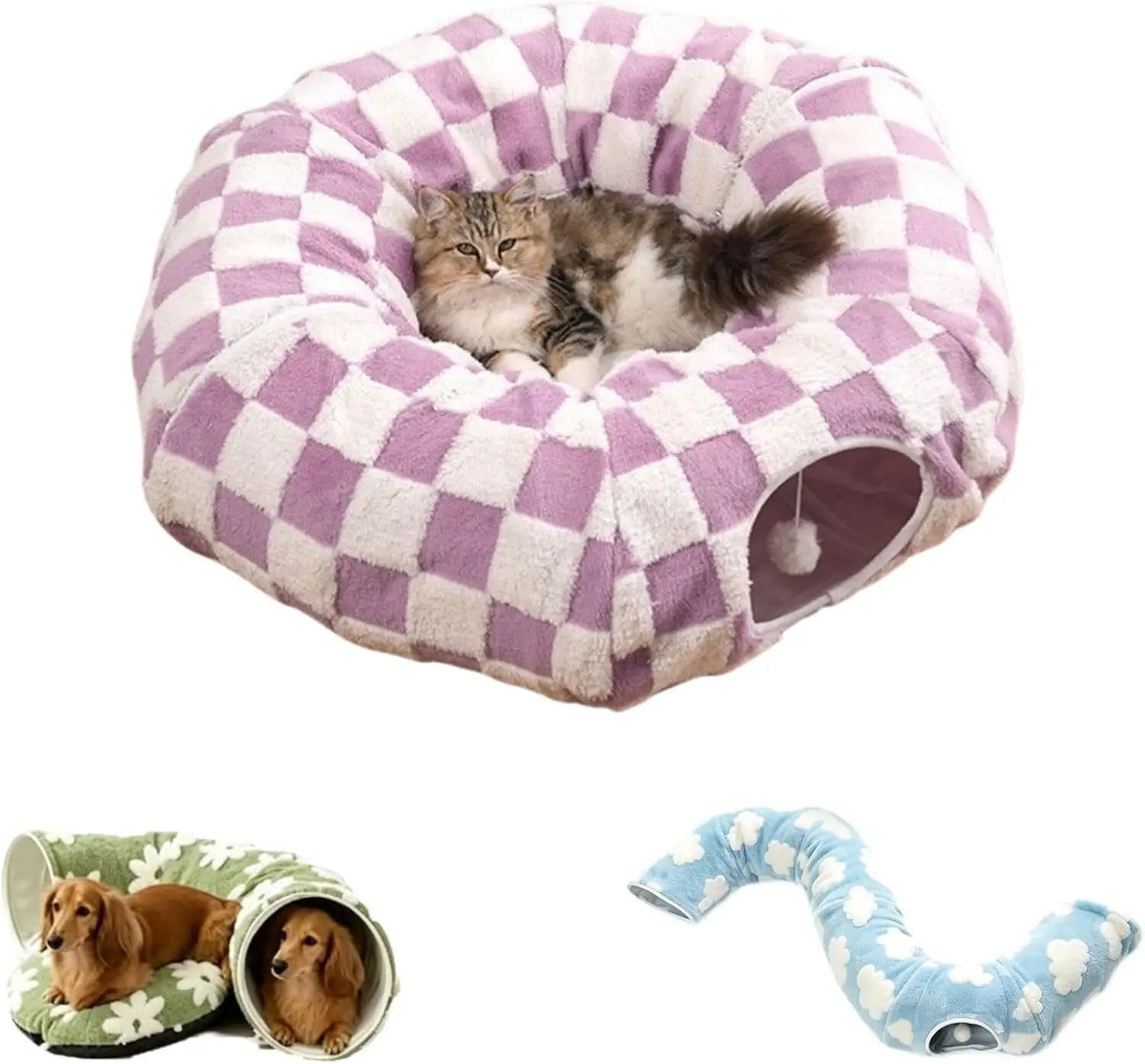 Flower Design Plush Foldable Dachshund Tunnel Dog Bed