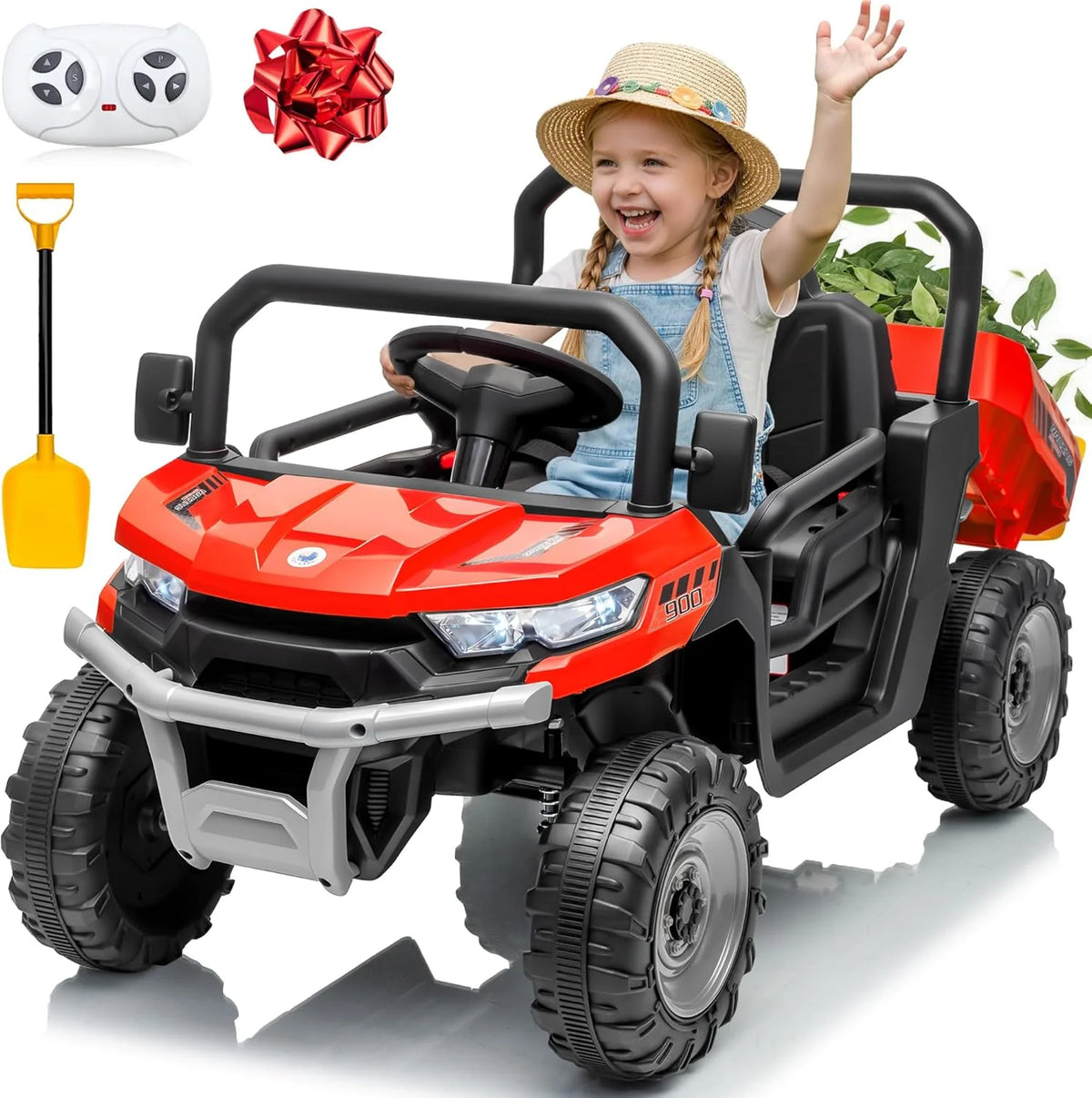 24V Ride On Dump Truck, Ride On Toys W/Remote Control, 3 Speeds, Electric Dump Bed & Shovel, Shock Absorbers, Led Lights, Bluetooth & Gift Bow, Electric Car for Kids